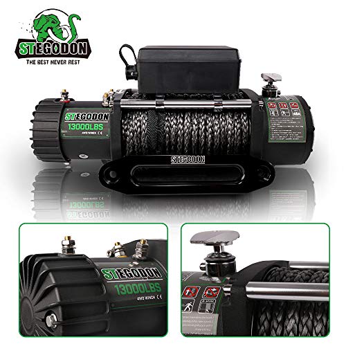 STEGODON New 13000 lb. Load Capacity Electric Winch,12V Synthetic Rope Electric Winch with Hawse Fairlead,Waterproof IP67 Winch with Wireless Handheld Remotes and Wired Handle(All Black) - Thumbnail 2
