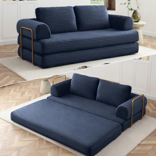 Image of HANXIN 80'' Convertible Sleeper Sofa Bed, High Back Plush Corduroy Folding Floor Mattress Couch with Fixed-Shape Frame, Boneless Futon Loveseat with Pull Out Bed, No Assembly Required (Blue)