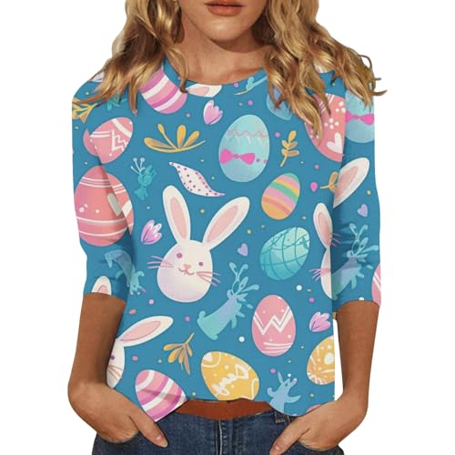Easter Tops for Women 2025 Easter Rabbit Egg Print Tees 3/4 Sleev...