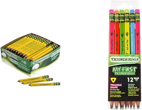 Ticonderoga - Lápices de golf con borradores, 2 minas HB, amarillo, paquete de 72 y My First Tri-Write Lápices con carcasa de madera, colores neón,