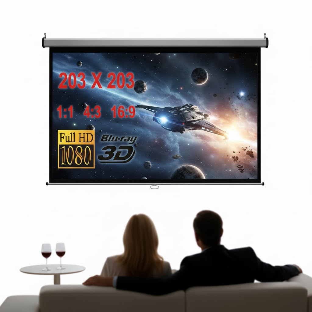 Melko Leinwand Beamer Rolloleinwand 203x203 cm 113,7 Zoll Heimkino 16:9 4:3 | selbstaufrollend mit stufenloser Arretierung, für Wand- und Deckenmontage, schwarze lichtdichte Rückseite, Gain-Faktor 1,0