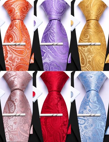 Image of Barry.Wang 6 PCS Men Ties Set Silk Business Fashion Woven Necktie Handkerchief Cufflinks Paisley Stripe Wedding Party