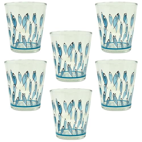 NAMAI - Set di 6 Bicchieri Acqua Vetro, Eleganza Marina, 325 ML, Adatti In Lavastoviglie e Microonde, Bicchieri Colorati Vetro, Idea Regalo (Bicchieri Fish)