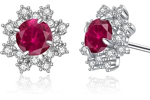 Red Ruby Sterling Silver Stud Flower Earrings For Women