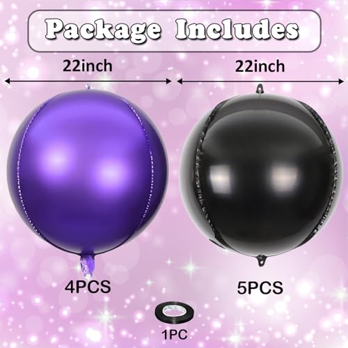 Image of 9 Pcs Black Purple Round Foil Balloons Black Metallic Dark Purple Chrome 4D Ball Balloons 22 In Orbz Mylar Balloon for Graduation Grad Birthday Wedding Anniversary Disco Party Decorations