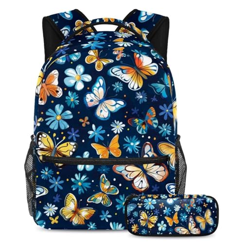 Sac à dos grande capacité motif papillon bleu contre le désordre scolaire