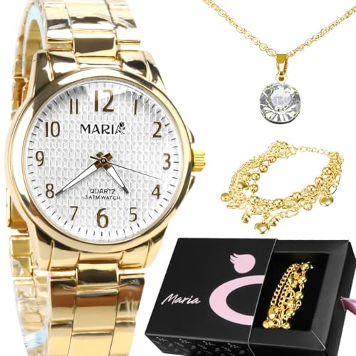 Kit Acessórios Femininos Luxo Rainha Dourada Relógio Analógico Colar Pulseira Caixa Elegante Banhado