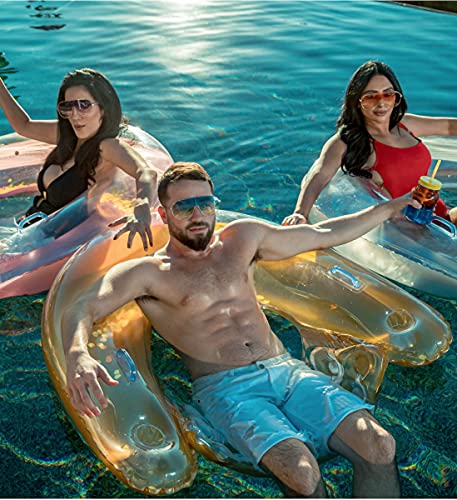 Image of POZA Inflatable Pool Float Chair - Luxurious Lounger Filled with Sparkle Confetti, 2 Built in Cup Holders & Handles, Water Floating Chair for Beach, Lake & Swimming Pool - 48 x 38 Inch