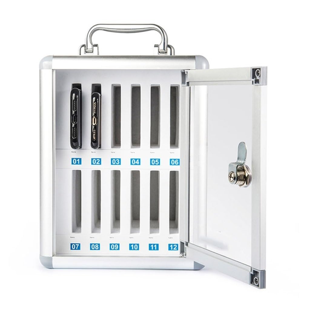Cell Phone Storage Box 12-60 Slot Mobile Phone Storage Cabinet Aluminum Alloy Phone Lock Box Wall Mounted for School Factory Company(Silver-B,12)