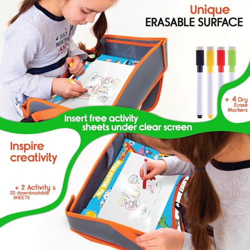 Image of Kids Travel Tray - Waterproof Car Table with No-Drop Large Tablet Holder - Car Seat Tray - Road Trip Must Haves - Kids Lap Desk Organizer for Airplane - Toddler Travel Essentials (Orange)