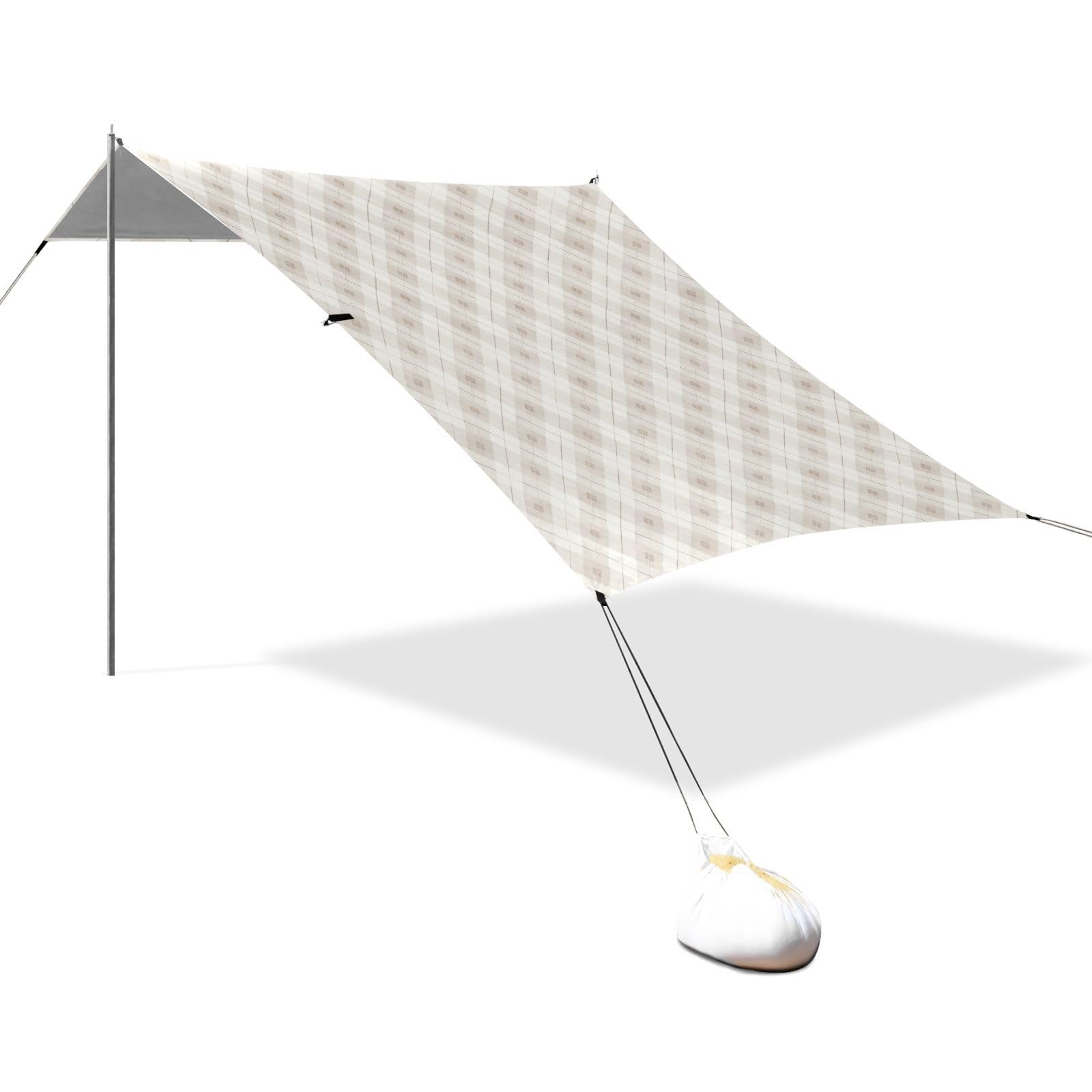 Grand pare-soleil pliable avec poches de sable pour camping, pique-nique, jardin et pêche - Beige et blanc - UPF50