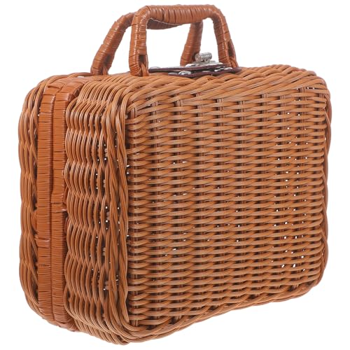 HYTROVE Maleta de Almacenamiento Retro Tejida a Mano de Ratán de Imitación, Tamaño Pequeño 22x16x10 Cm, Color Caqui, Caja Portátil Asa de Cuero para Hogar, Picnic y Color