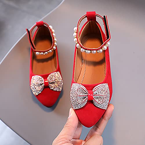 Girls Casual Shoes Shallow Mouth Slip On Pointed Pearl Princess Boat Shoes Kids Children Bowknot Youth Shower Shoes (Red, 32 Big Kids)3