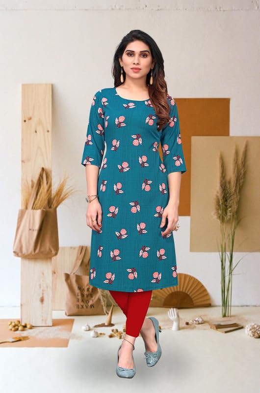 Image of JAKHANA Women's Crepe Printed Casual Straight Calf Length Round Nick Kurta Pack of 4