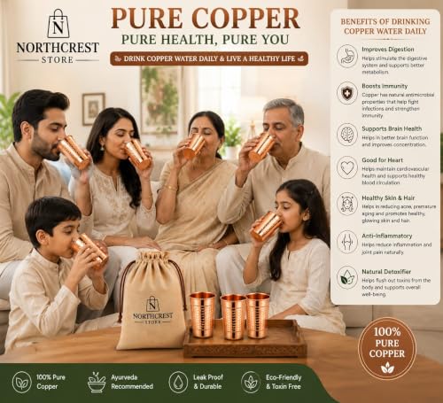 Northcrest Store Hammered Pure Copper Water Drinking Glasses Set of 10, 14 Oz Handcrafted Copper Tumblers, Traditional Copper Cups for Water, Ayurvedic Wellness Drinkware, Gift Set - Image 5