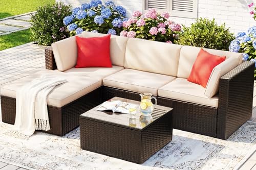 Devoko 5 Pieces Patio Furniture Sets All Weather Outdoor Sectional Patio Sofa Manual Weaving Wicker Rattan Patio Seating Sofas with Cushion and Glass Table (Beige)
