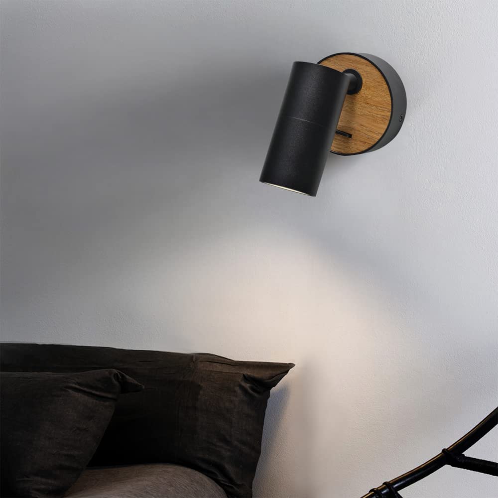 Schwarz Wandlampe mit Schalter,2 Pack Holz Wandleuchte Retro Wandspot aus Aluminium Lampenschirm Drehbar,Wandleuchte innen Kompakt Bett Schlafzimmer Wohnzimmer,GU10
