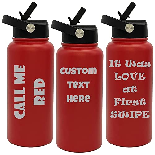 OEZZO Customized Tumblers, Double Wall Personalized Bottles with Flip Top Spout Lid, Laser Engraved Text, Travel Gifts for Him or Her (32oz, Red)