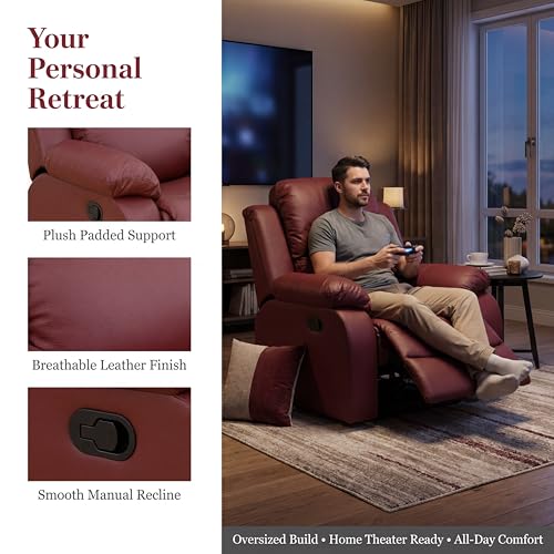 Image of Single Leather Manual Recliner Chair, Oversized Lazy Boy Recliner with Home Theater Seating, Breathable Living Room Reclining Chair for Adults Reading, Gaming, Relax, Red