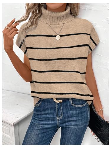 WDIRARA Women's Striped Turtleneck Sweater Vest Cap Sleeve Pullovers Loose Oversized Knit Top4