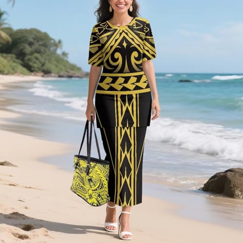 Image of Puletasi Samoan Traditional 2 Piece Outfits for Women Short Sleeve Crop Top and Maxi Skirt Sets Puletasi Dress