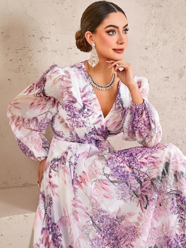 Image of TOLEEN Summer Casual Dresses for Women 2024 Spring Fashion Boho V Neck Long Sleeve Ruffle Floral Print Elegant Maxi Dress