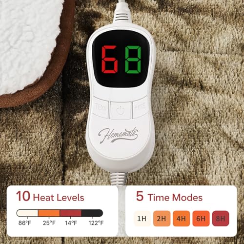 Image of Homemate Heated Weighted Blanket for Adults - 62 inchx84 inch 15lbs Electric Throw Fast Heating Heavy Blanket 1 /2 /4 /6 /8 Hour Auto Off 10 Heat Levels Over-Heat Protection Luxury Faux Fur Sherpa