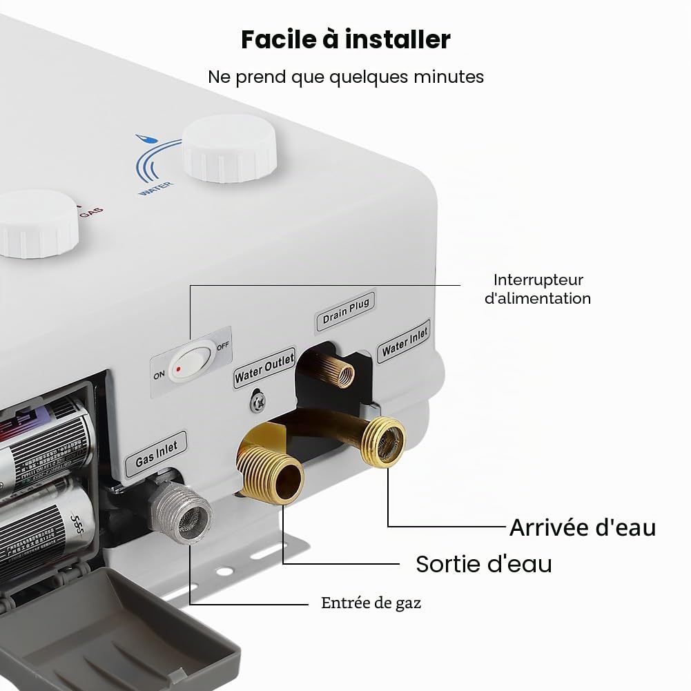 ThermoMate Chauffe-eau instantané à gaz sans réservoir, chauffe-eau portable instantané, 10 kW, 50 mbar, pour camping, bateau, camping-car