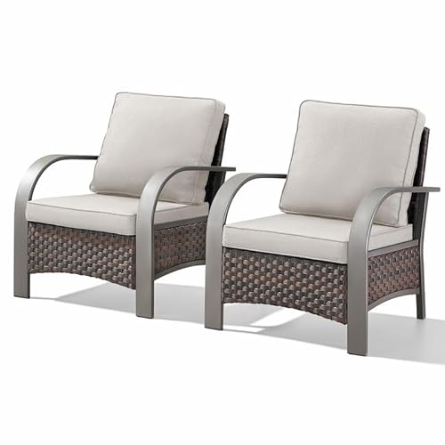 Belord Wicker Patio Chairs Set of 2-300LBS Weight Capacity Oversize Outdoor Patio Chairs with High Backrest Metal Curved Armrest, All Weather PE Rattan Outdoor Seating for Porch Deck Backyard