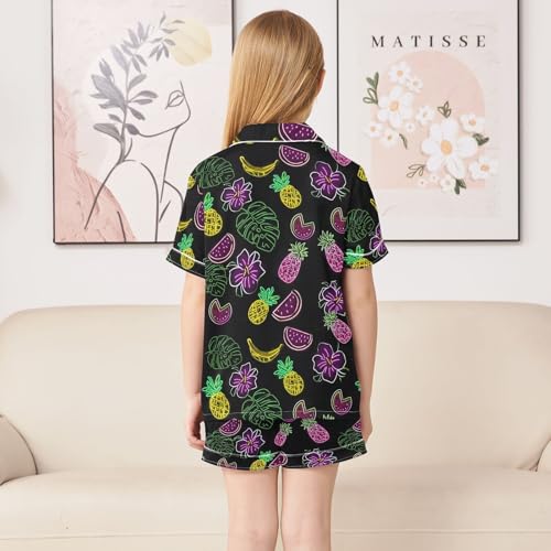 ALAZA Neon Watermelon Pineapple Black Satin Pajamas Set Short Sleeve Button Down Sleepwear Summer Pjs 2 Piece4