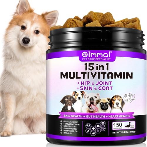 Multivitamínico 15 en 1 para perros - 150 snacks masticables con soporte para las articulaciones, salud digestiva, corazón, piel y pelo - Vitaminas para perros A, E, D3, B12 y minerales esenciales