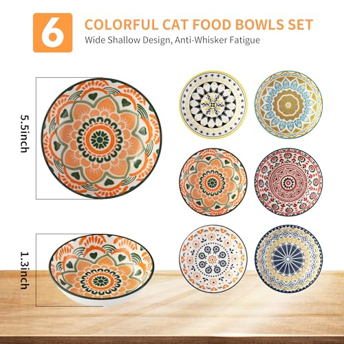 HAOYULUO 6 Stück Katzennapf, Keramik, 14 x 3.5 cm Futternapf für Katzen, bunte Napfset, Wasser- und Futternapf für Kätzchen