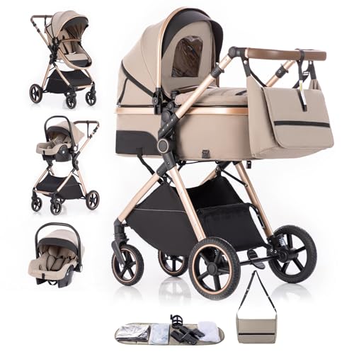 Gcarebb Sistema de viaje 3 en 1, cochecito con mango de altura ajustable, cochecito de viaje con cubierta de lluvia, cochecito de bebé con marco de aluminio para recién nacido