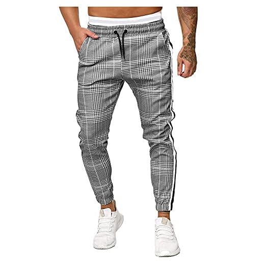 ROMIDA Pantalon Chino à la Coupe à Carreaux pour Hommes Pantalon à Carreaux décontracté Pantalon de survêtement Skinny Extensible à Devant Plat et Confort Moderne le sport jogging Blanc S