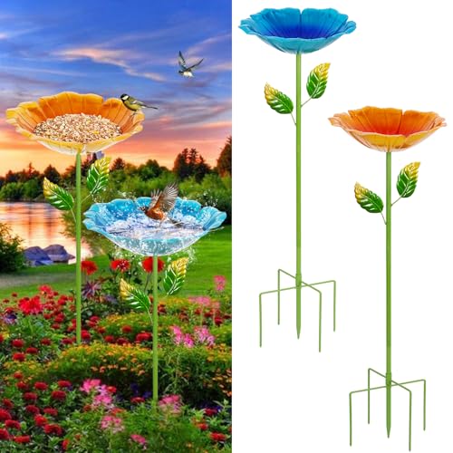Retyion 2 Pack Bird Baths for Outdoors Colorful Metal Bird Bath for Outside Hummingbird Bath with Five Stakes Garden Flower Small Birdbath for Garden Decor 31.3 H x 10.63 Dia (Blue Yellow)
