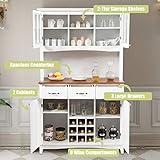 COSTWAY Large Kitchen Storage Cabinet, Freestanding Buffet Cupboard with Adjustable Shelves, Tempered Glass Doors, 9 Wine Compartments & 3 Drawers, Wooden Tall Sideboard for Living Room Office (White) - Image 6