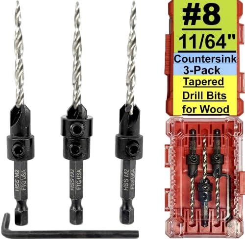 Image of FTG USA 3-Pk #8 (11 /64 inch) Countersink Drill Bit Set, 1 Stop, 1 Wrench & Case