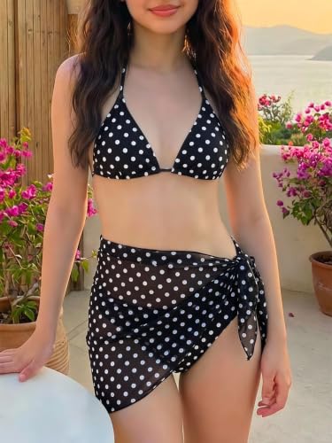 Image of SOLY HUX Girl's Summer Swimsuit Set Floral Halter Triangle Bikini Set with Wrap Skirts Beachwear