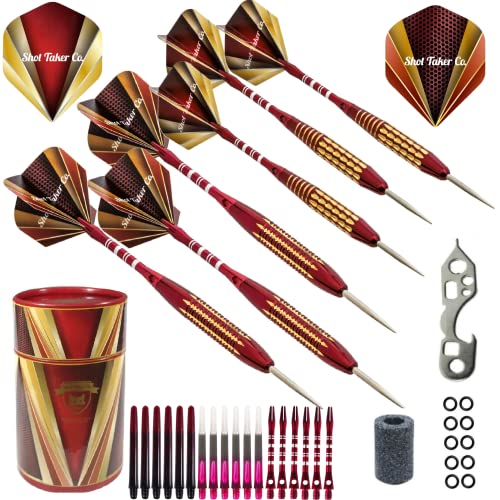 SHOT TAKER CO. EST. 2017 6pc Steel Tip Darts Set - Professional Darts for Dartboard - Includes Barrels + Plastic/Aluminum Shafts + O'Rings + Flights + Sharpener + Wrench (21g-Red B-10412)