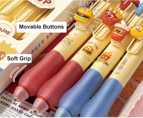 Image of Cute Burger Theme Ball Pens Set of 4, 0.5mm Blue Ink Erasable Smooth Writing Pens with Soft Grip Kawaii Cartoon Gel Pens for Kids,school,office,college,journaling,birthday Return Gifts
