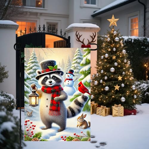 Image of BlissYard Winter Yard Flag Raccoon Lantern Cardinal 12x18 Inch Polyester