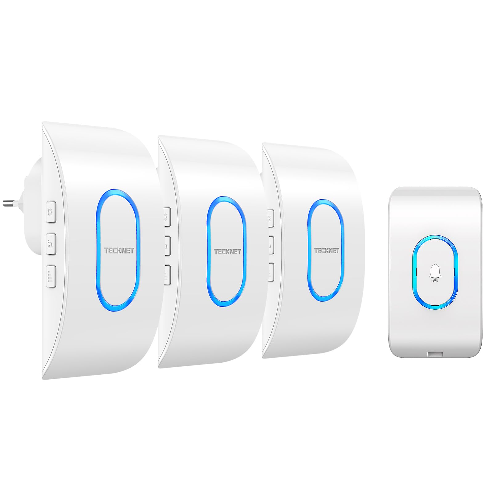 TECKNET Campanello Senza Fili, Portata 400m 60 Melodie e 5 Livelli di Volume Indicatori LED de Esterno IP65 Impermeabile Campanelli Wireless, Bianco, 1 Trasmettitore + 3 Ricevitori