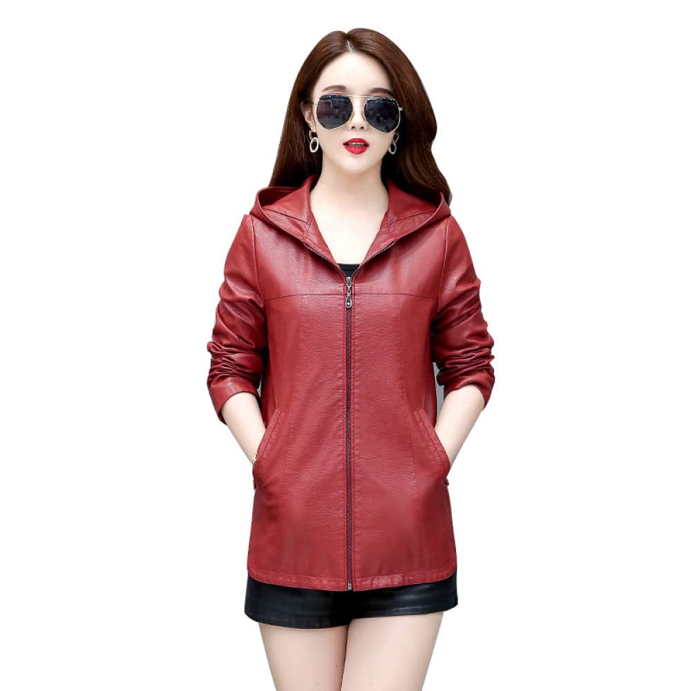 Jacken Damen,Damen Kunstlederjacke Rote Kapuze Warme Übergangsjacke Mit Reißverschlussleiste Seitentasche Knöpfe Unregelmäßiger Saum Freizeit Regular Fit Lederjacke Fahrradjacke Winter Herbst K