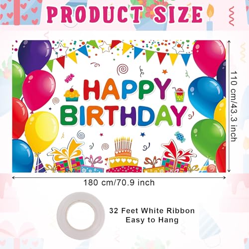 Image of Happy Birthday Backdrop Banner, Colorful Birthdays Banner Backdrop Happy Birthday Party Decorations Yard Sign Background for Kids Birthdays Party Indoor Outdoor Decorations (6x3.6ft)