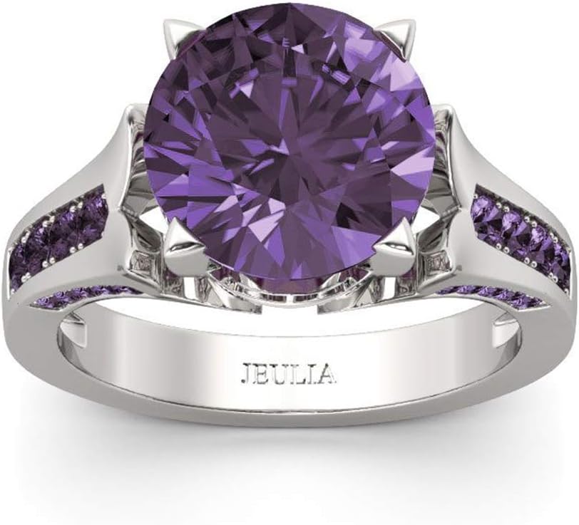 Jeulia Lilac Flower Round Cut Sterling Silver Ring Cubic Zirconia CZ Engagement Anniversary Eternity Promise Wedding Band Ring for Wife Girlfriend With Jewelry Box