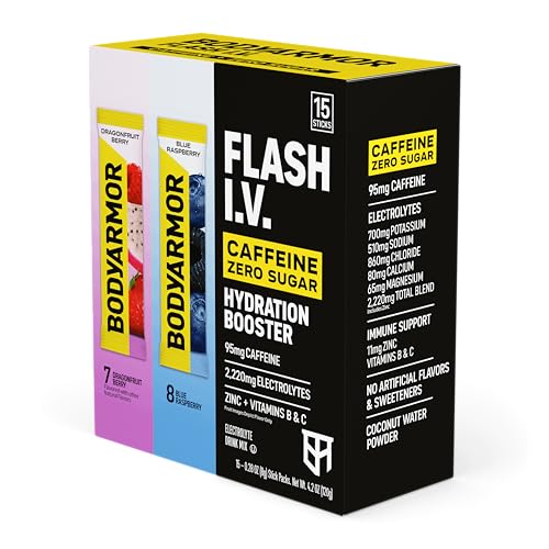 Image of BODYARMOR Caffeinated Flash IV Electrolyte Packets, Blue Raspberry & Dragonfruit Berry Variety Pack, Zero Sugar Energy Drink Mix, Single Serve Packs, Hydration for Pre Workout (15 Count)