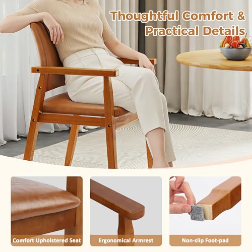 Image of NOBPEINT Mid-Century Modern Dining Chairs with Armrest Set of 4, PU Leather Upholstered Dining Room Chairs with Solid Wood Frame, Walnut Kitchen Armchairs for Kitchen Living Room Restaurant, Brown