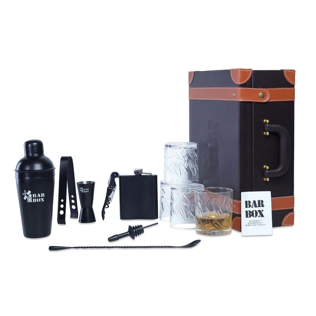 Bar Box Portable Bar Set 4 Whiskey Glasses, Cocktail Shaker Set Bar Tools - Brown Leatherette Bar Kit with Black Matte Accessories for Home - Perfect Bar Setup & Decor Wine Opener and Peg Measure | Cocktail Shaker Set Bar Tools - Brown Leatherette Bar Kit with Black Matte Accessories for Home-image-0