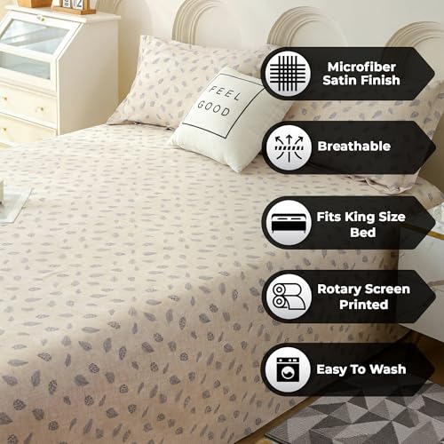 Image of Story@Home King Size Double Bed Sheet 250x270 cm | 300 TC Mist Cotton Bedsheet with 2 Pillow Covers | Soft, Breathable & Hotel Quality | Beige Leaf Grunge Cotton Bedding Set