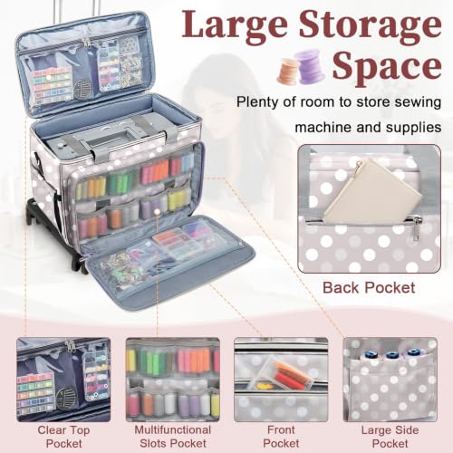 Image of Anitor Rolling Sewing Machine Case with Wheels and Removable Bottom Padding | Sewing Machine Bag with Wheels, Fits for Singer, Brother, Janome, Most Sewing Machines, Accessories, Round Dot,(Bag Only)